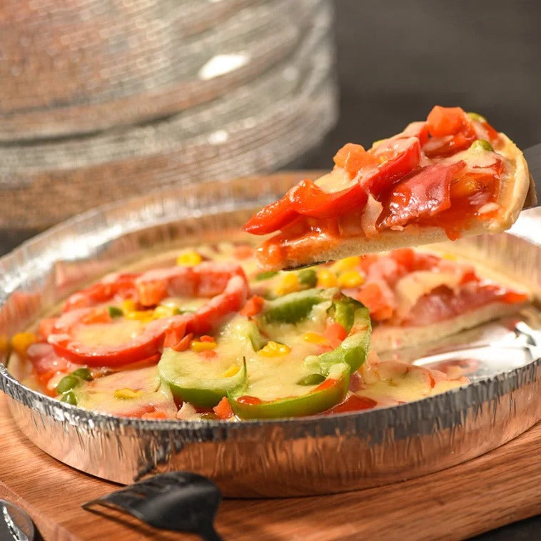 Pulling out a slice of pizza from Aluminum Foil Plate