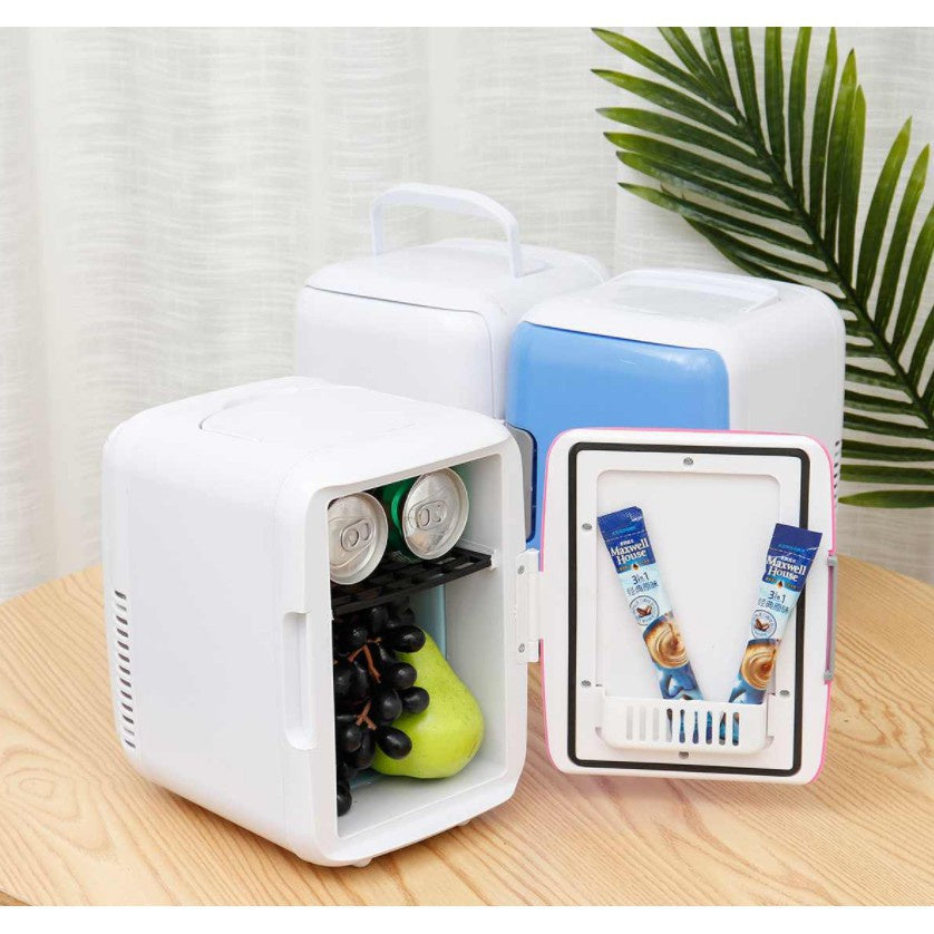 3 Mini Car Fridge kept on a table, 1 opened and stored with fruits,snacks and drinks
