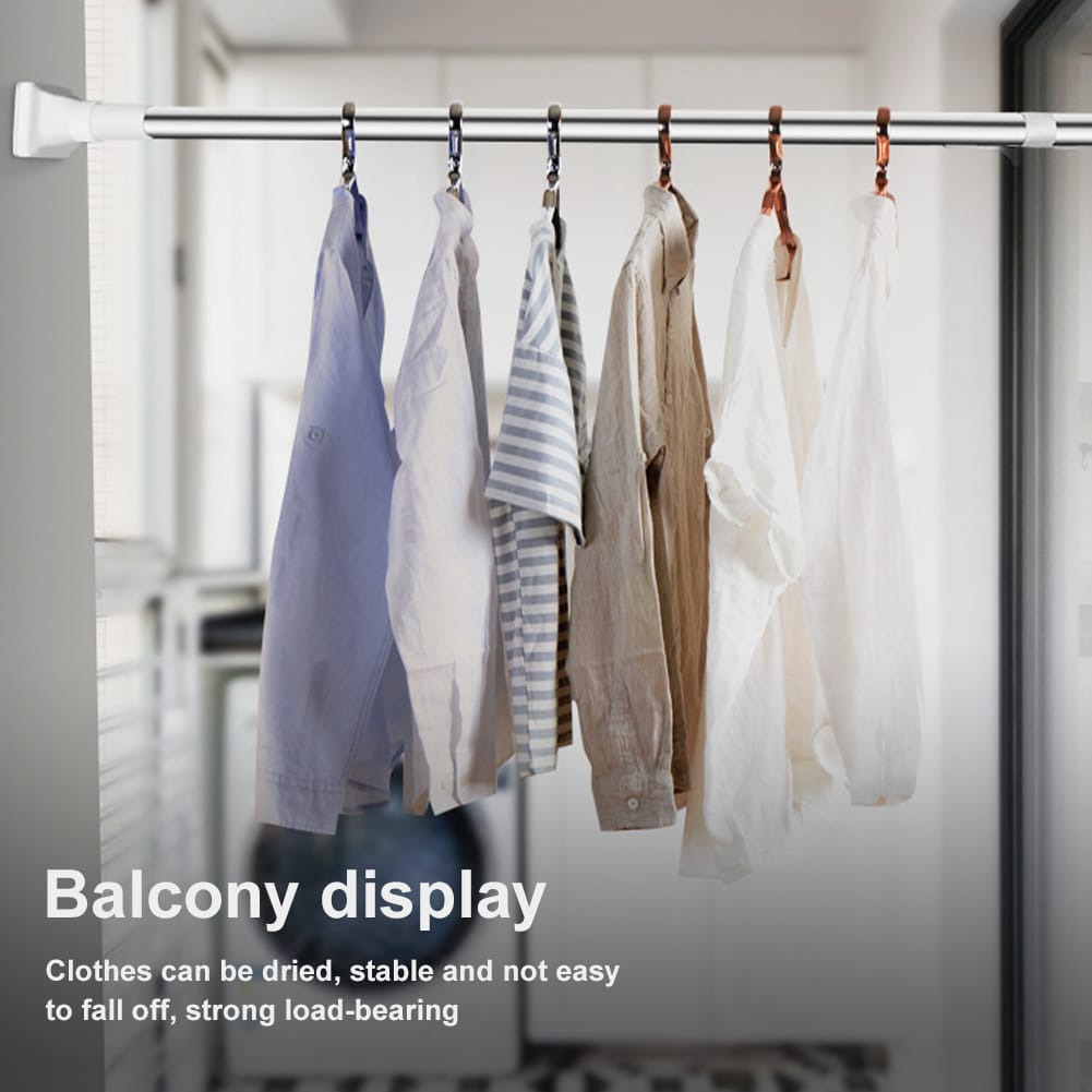 Adjustable Drill-Free Rod installed on a balcony with shirts hung on it