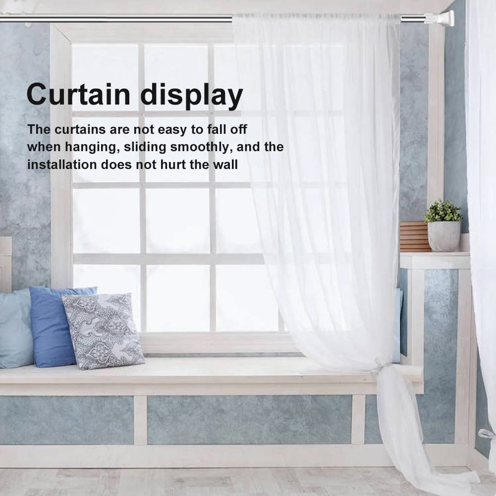 Adjustable Drill-Free Rod installed in a living room with curtain on it