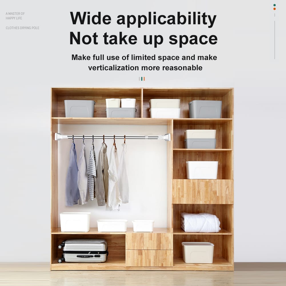 Shirts hung on Adjustable Drill-Free Rod installed in a cupboard