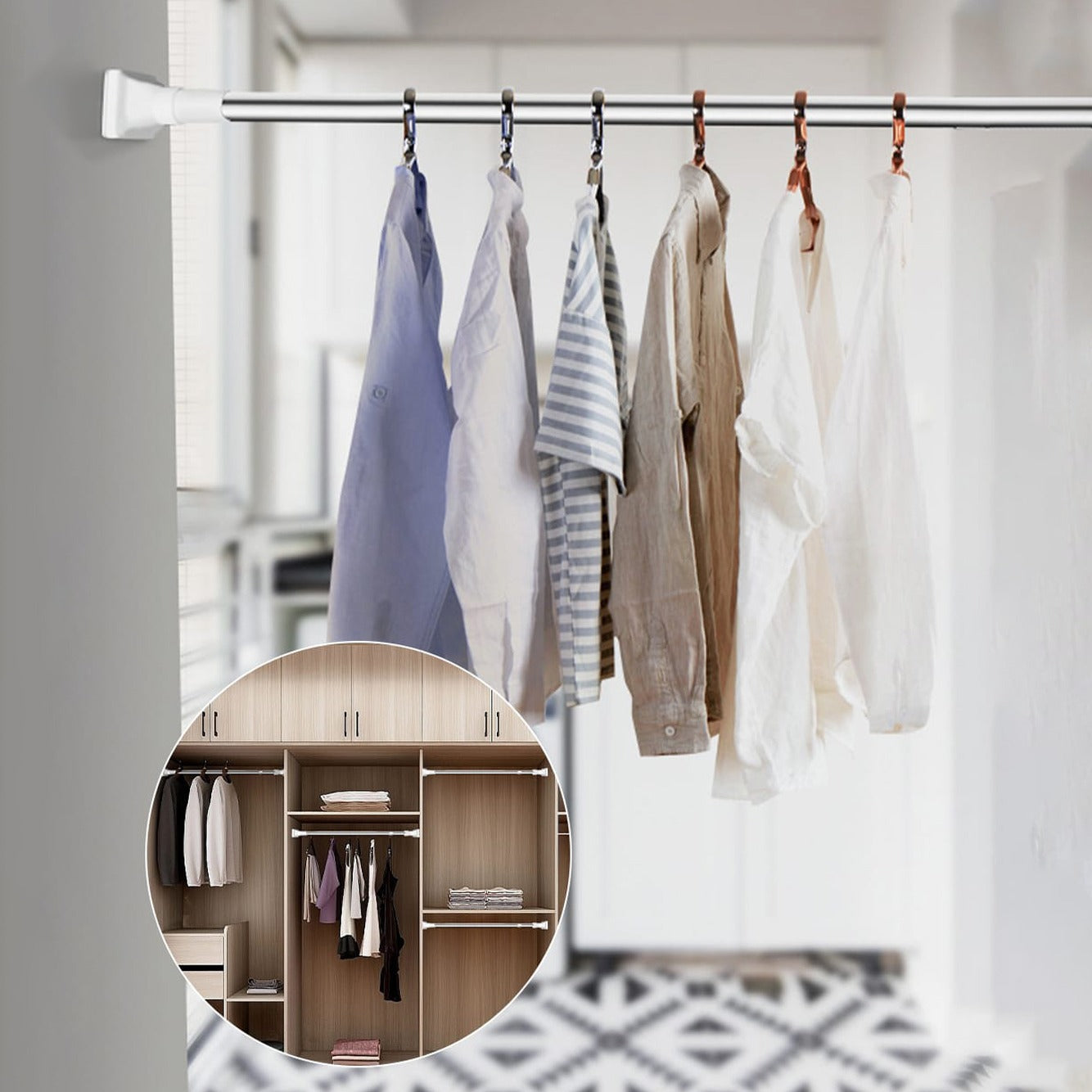 Shirts hung on Adjustable Drill-Free Rod