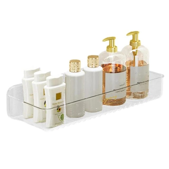 A wall-mounted green bathroom storage rack with toiletries, shampoo, and cosmetics