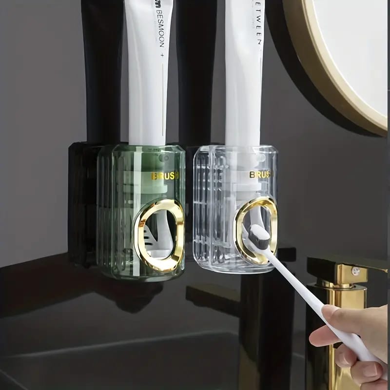 A person extracting toothpaste from one among two Wall-Mounted Toothpaste Dispenser and Squeezer