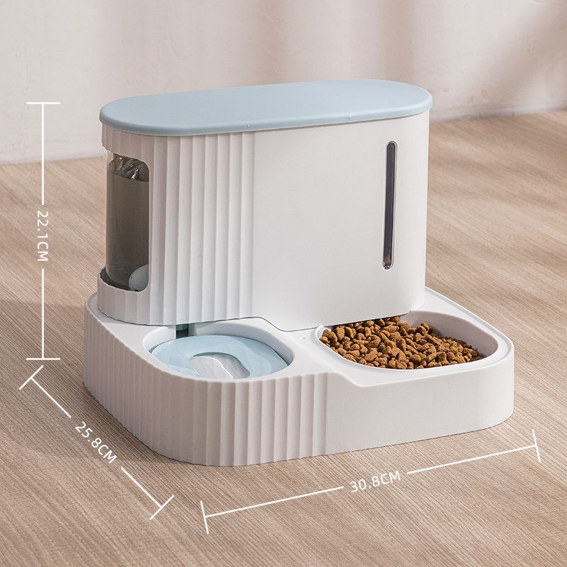 Blue color Automatic Pet Feeder & Water Dispenser placed on a wooden floor by mentioning it's size