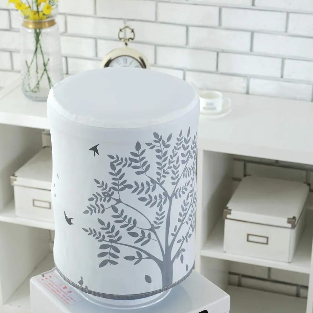 The image exposes 5 gallons water bottle can covered neatly using Grey Tree design Water Dispenser Can Cover