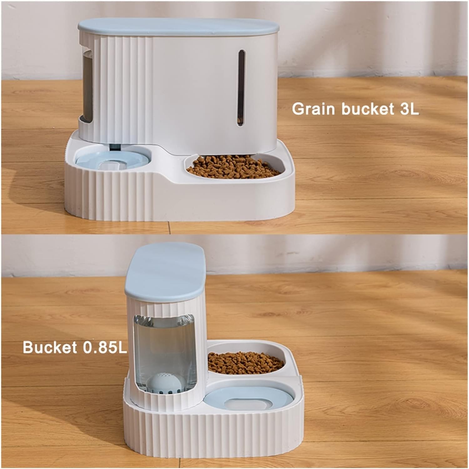 Collage image shows the capacity of Grain and Water bucket in an Automatic Pet Feeder & Water Dispenser