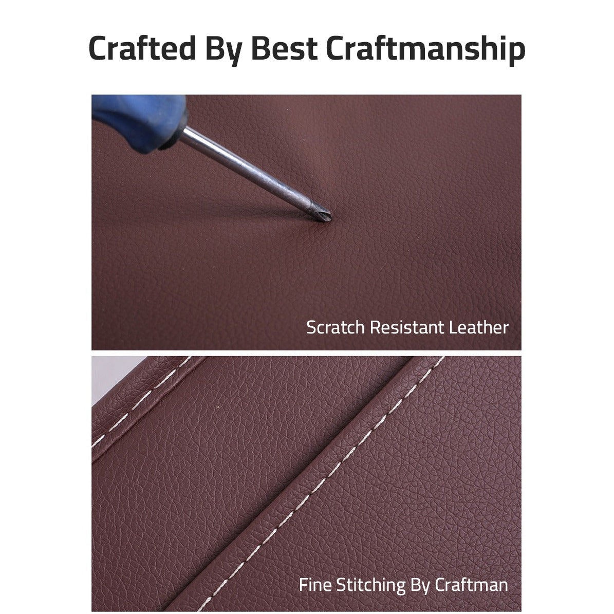 A screw driver touches on a Car Seat Back Organizer showing it's quality