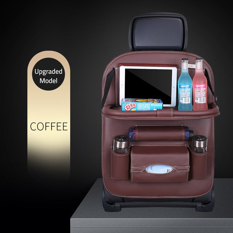 Showcasing Coffee color Car Seat Back Organizer neatly organized with water bottle,I-pad, beverages and tissue