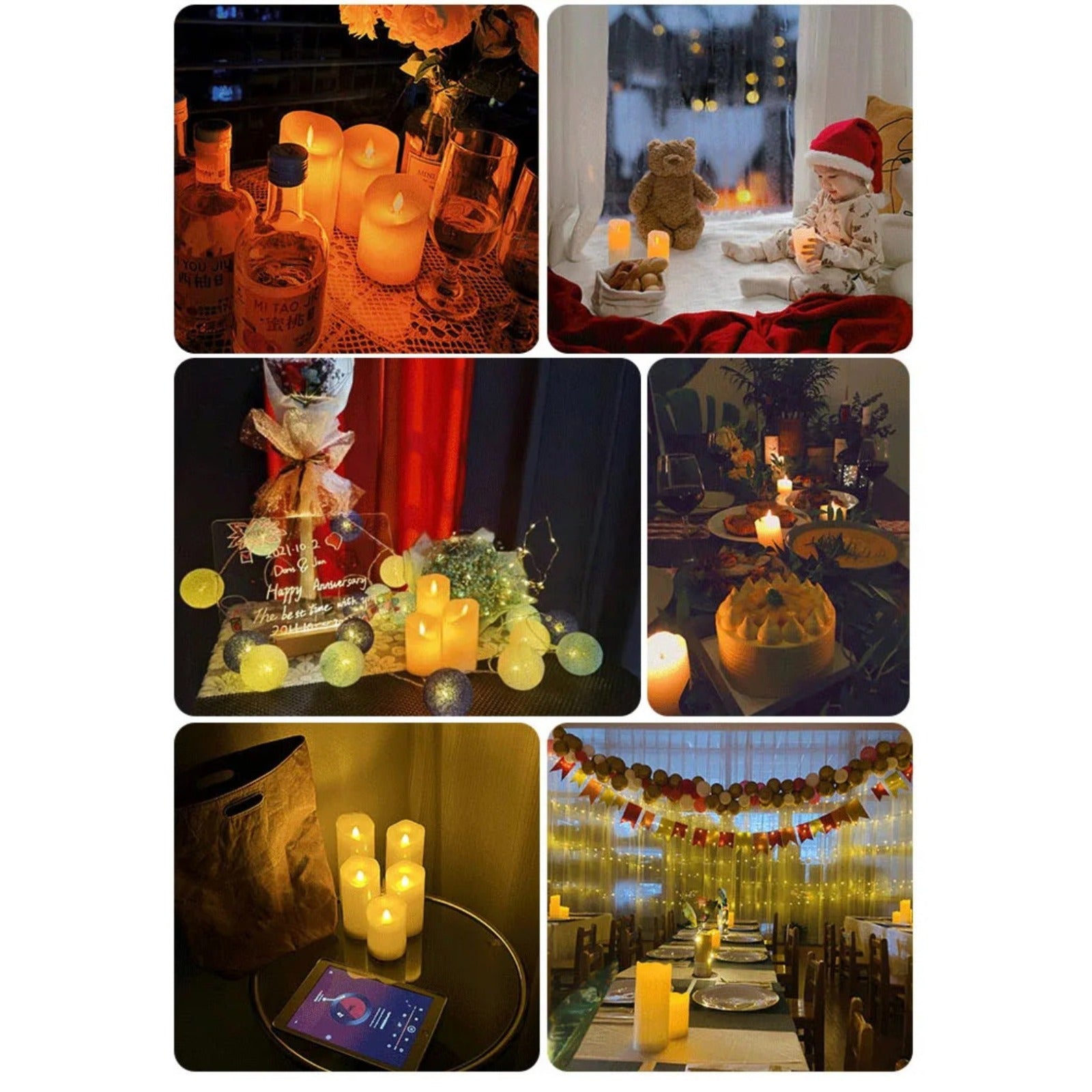 Collage image showcases Flameless LED Candles lit up in different occasions