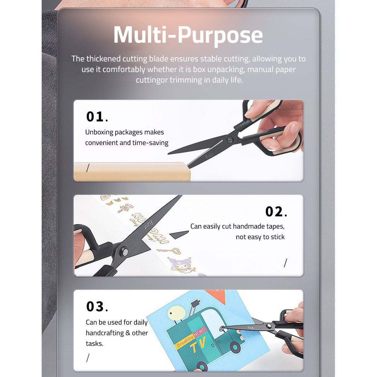 Collage image displaying the multi-purpose of Scissors with Paper Cutting Blade