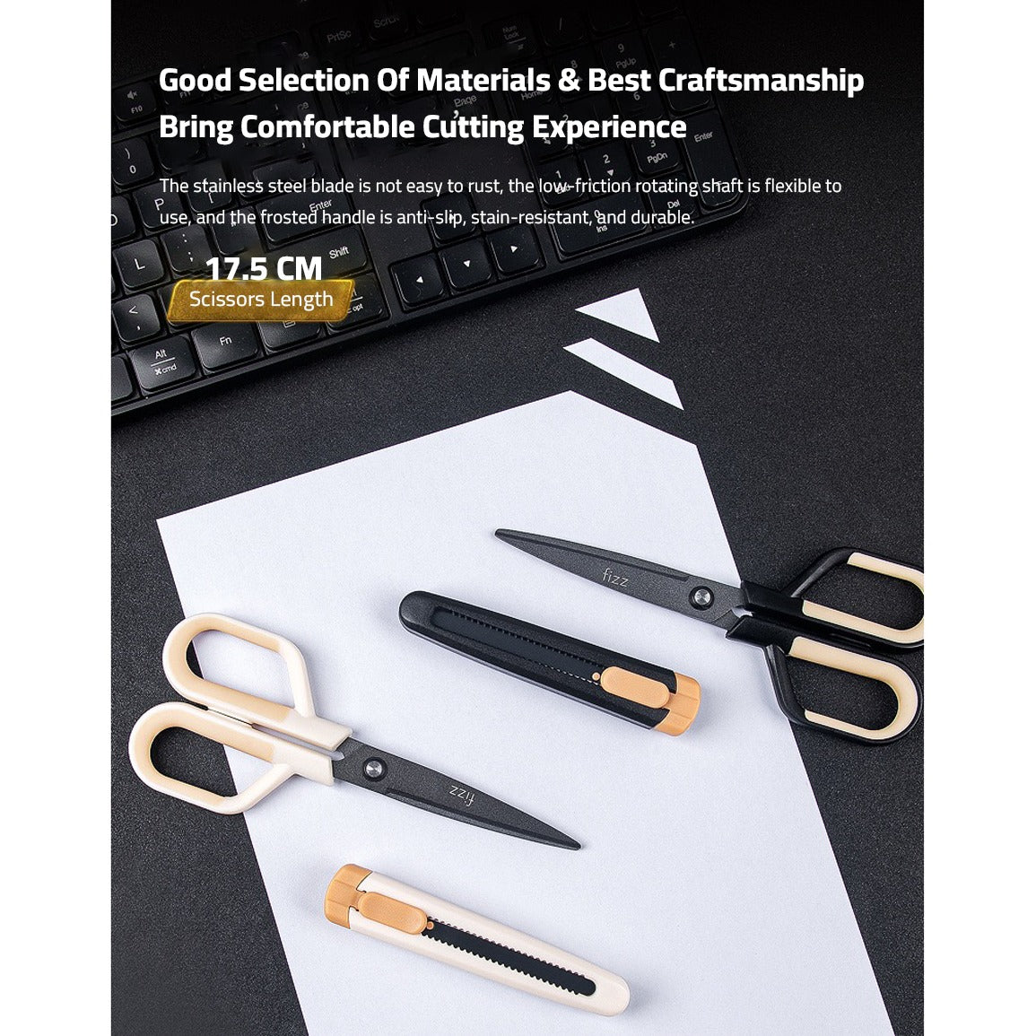 Showcasing 2 Scissors with Paper Cutting Blade placed next to a keyboard