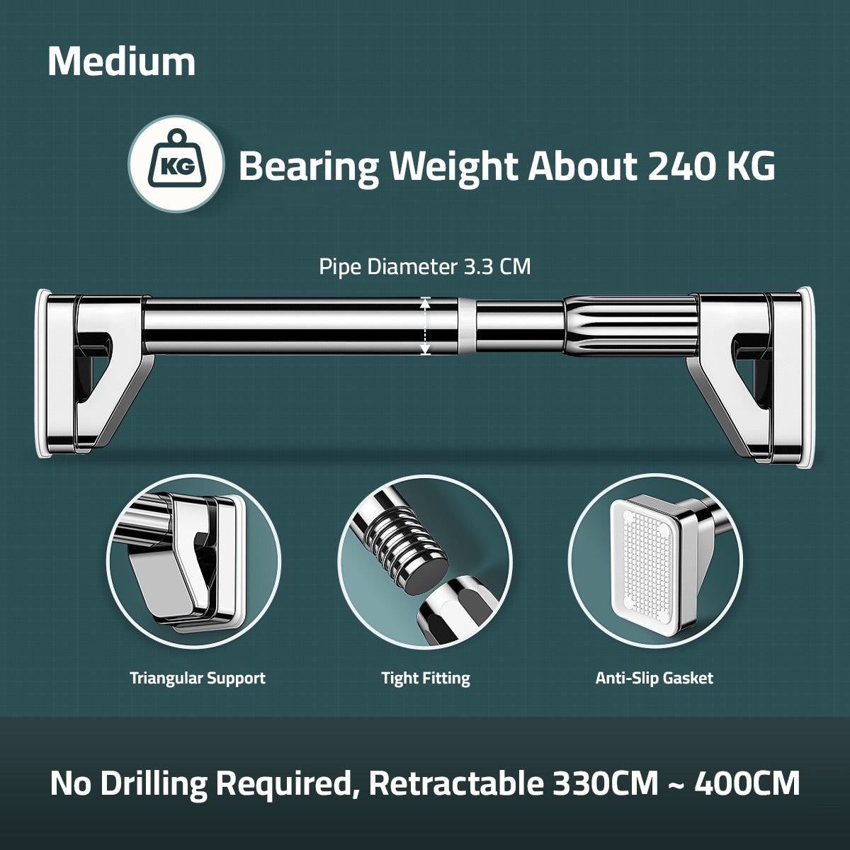 Image displaying the features of Medium size Extendable Tension Rod