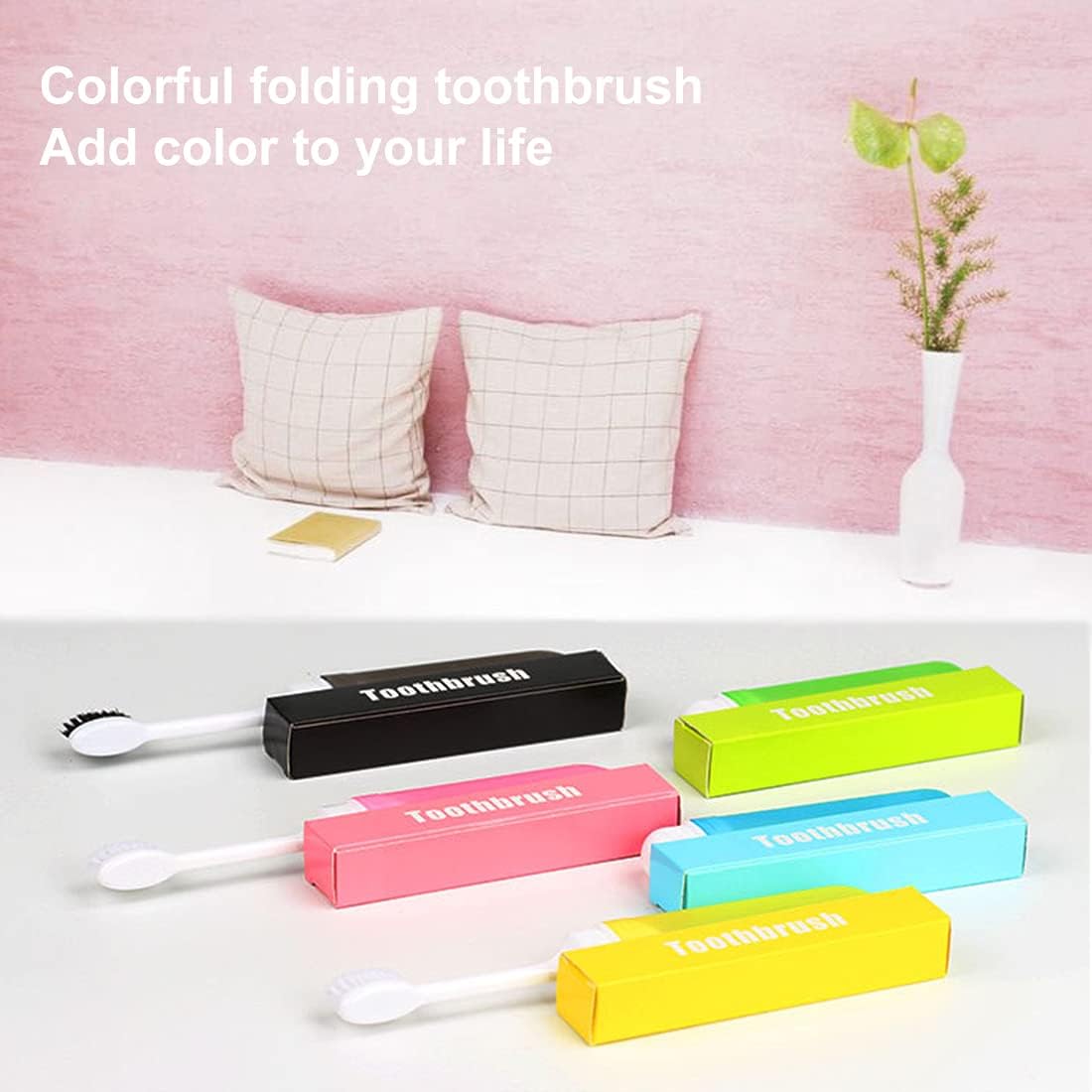 All color variants of Foldable Toothbrush placed together next to a plant pot and 2 pillows on a bed
