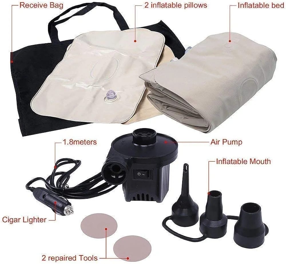 Image mentioning flat Inflatable Car Bed along with its accessories