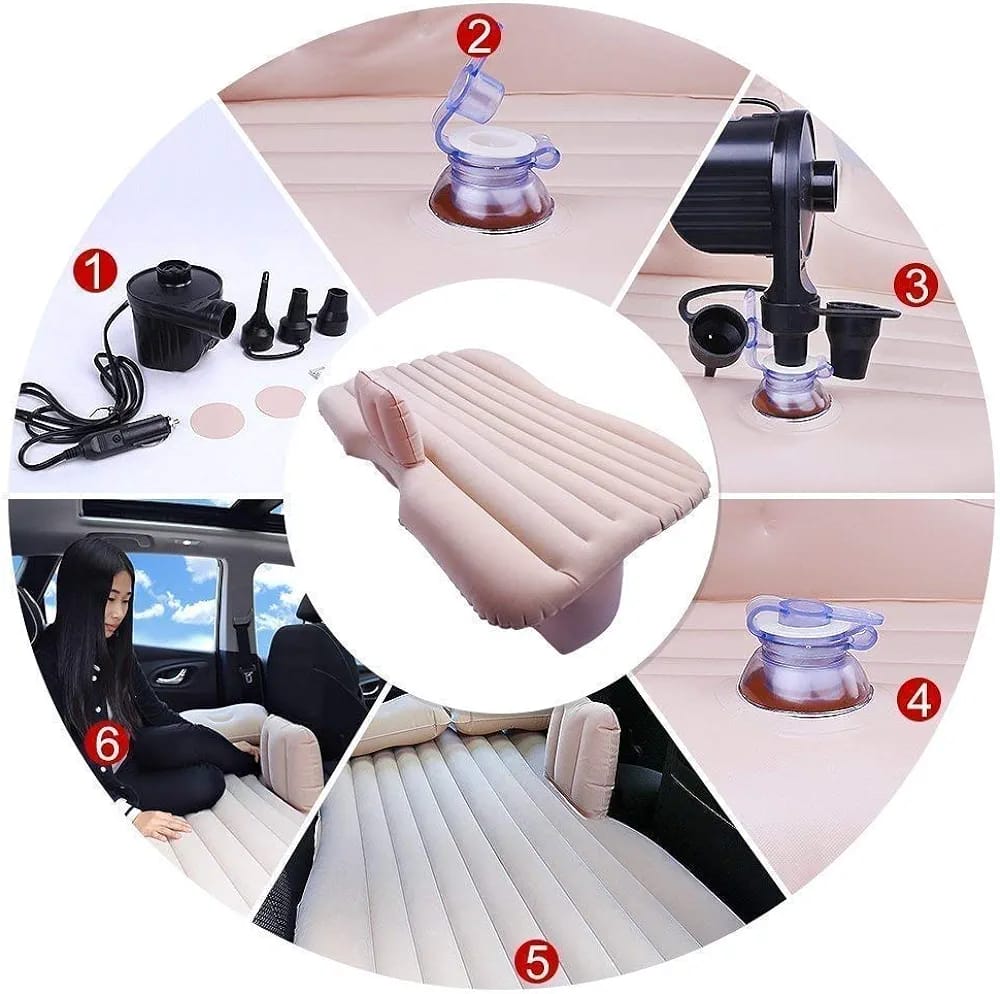 Collage image showcasing various portions and accessories of Inflatable Car Bed