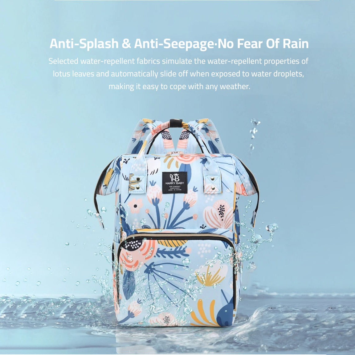 Showcasing Mother Backpack Bag featuring its Anti-Splash & Anti-Seepage technology