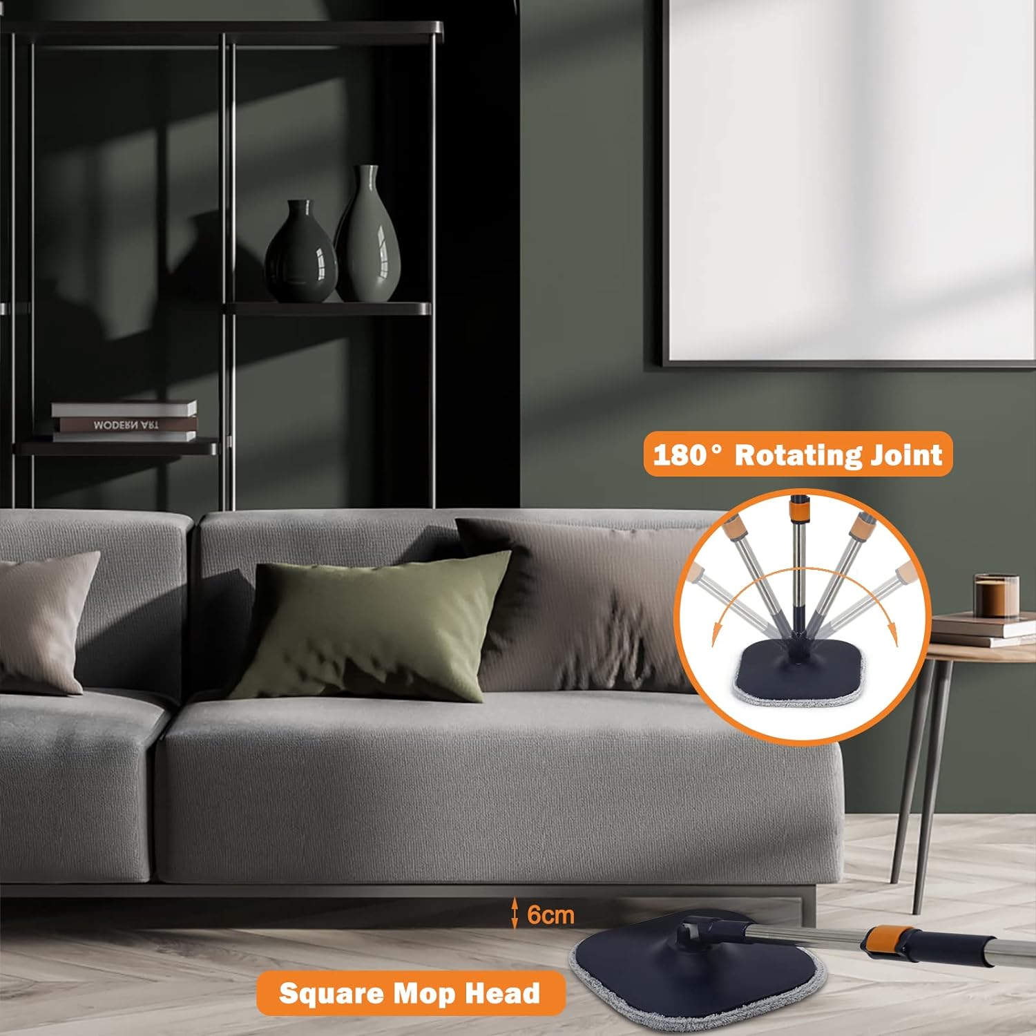 Underneath of a sofa being cleaned by Square Mop Head of 360° Rotation Spin Mop