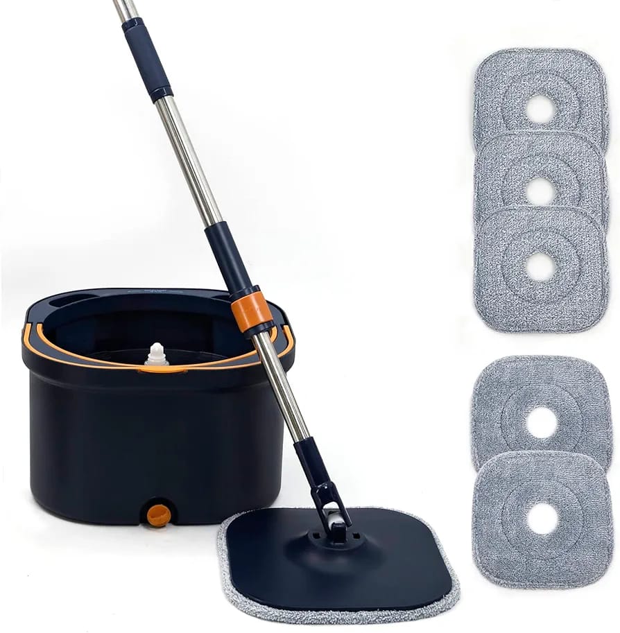 Showcasing Spin Mop and Bucket along with its 5 mop pads