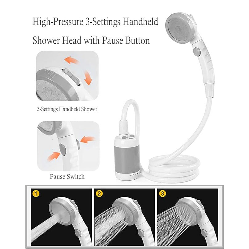 Showcasing Portable Outdoor Shower Set with its highlights and 3 different modes of spraying water