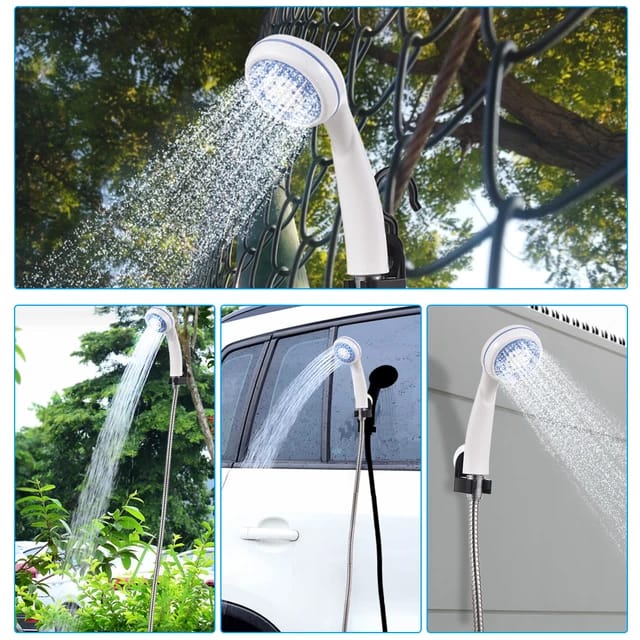 Collage image displaying Portable Camping Shower Pump being used in different locations 