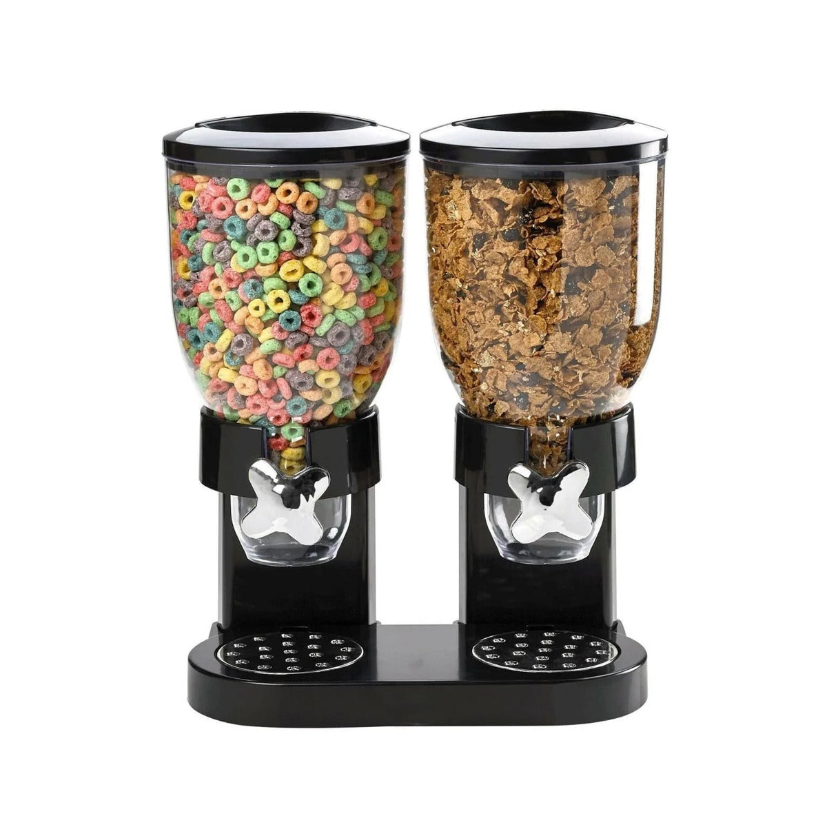 Showcasing Black color Snack and Cereal Dispenser with snacks and corn flakes filled in it