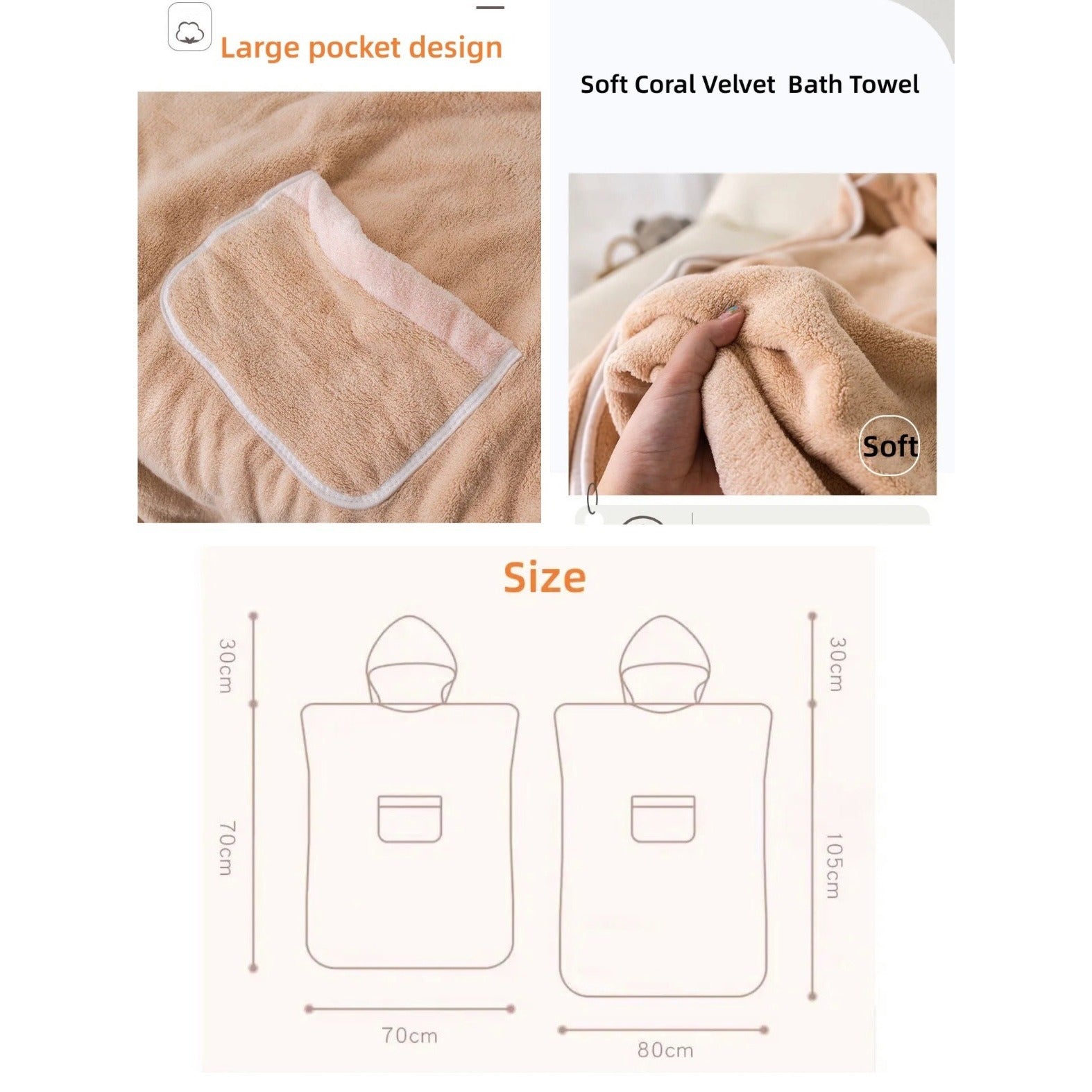 Collage image displays the size and material of Quick-Drying Hooded Bathrobe