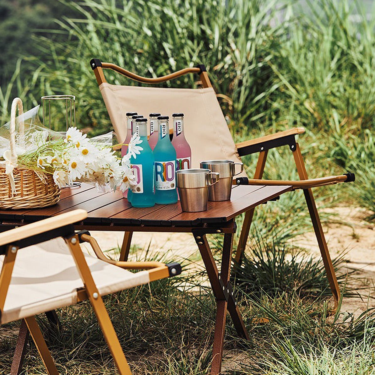 Portable Outdoor Camping Chair being used for camping in a forest area