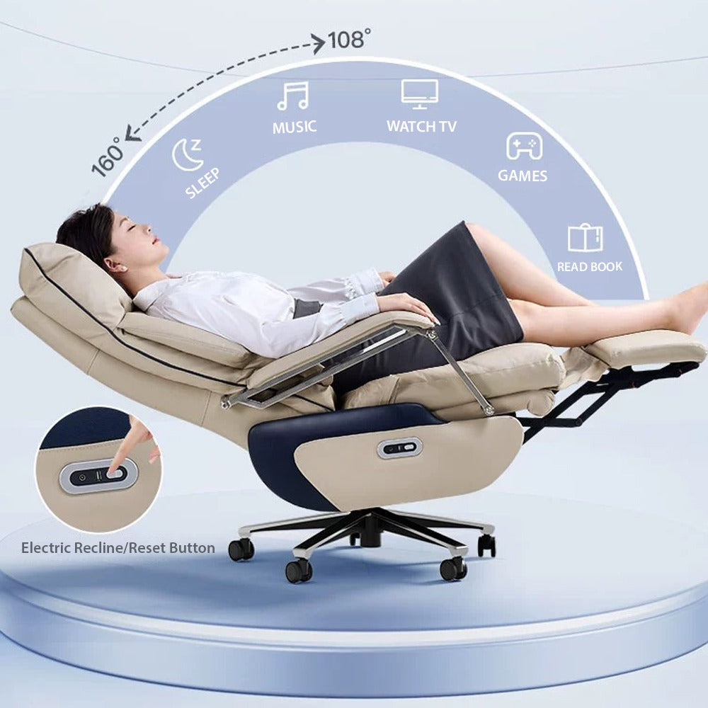 Image displaying a person lying on a Premium Electric Office Chair adjusted to 160 degree angle by mentioning its features