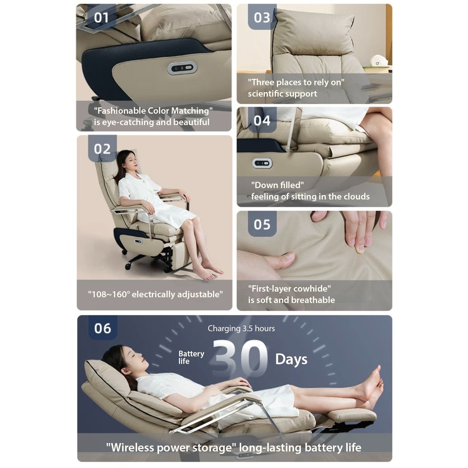 Collage image displaying the different features of Adjustable Electric Office Chair