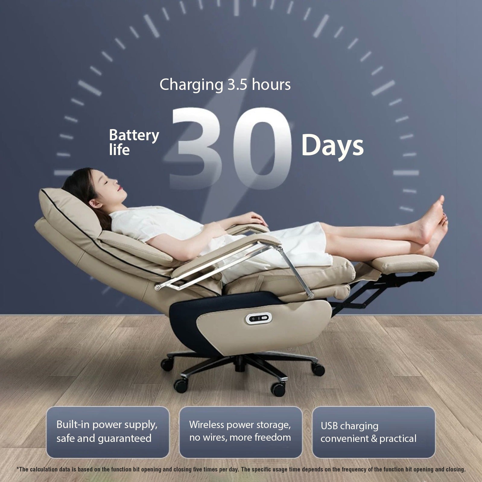 Image displaying a person lying on a Premium Electric Office Chair adjusted to 160 degree angle by mentioning its 30 days battery charge stability