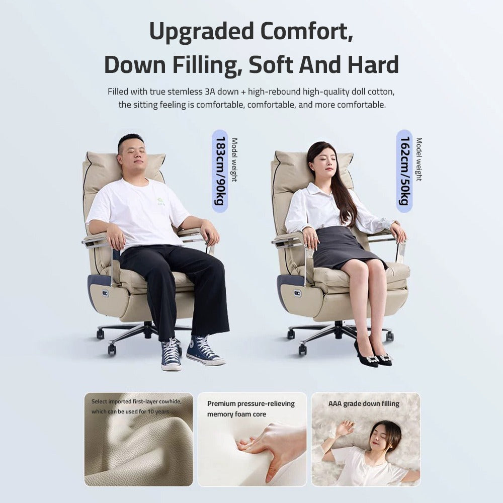Collage image displaying two persons sitting and relaxing on two Adjustable Electric Office Chair and the image mentioning the features,size and weight capacity of it