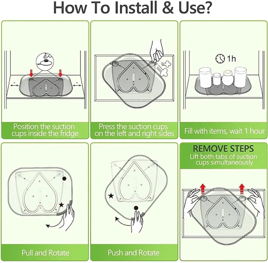 Image displays the steps to install and remove the 360° Rotating Fridge Tray
