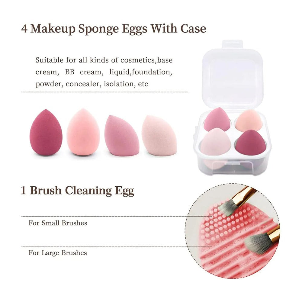 Showcasing 4 makeup sponge Egges with case and brush cleaning tool