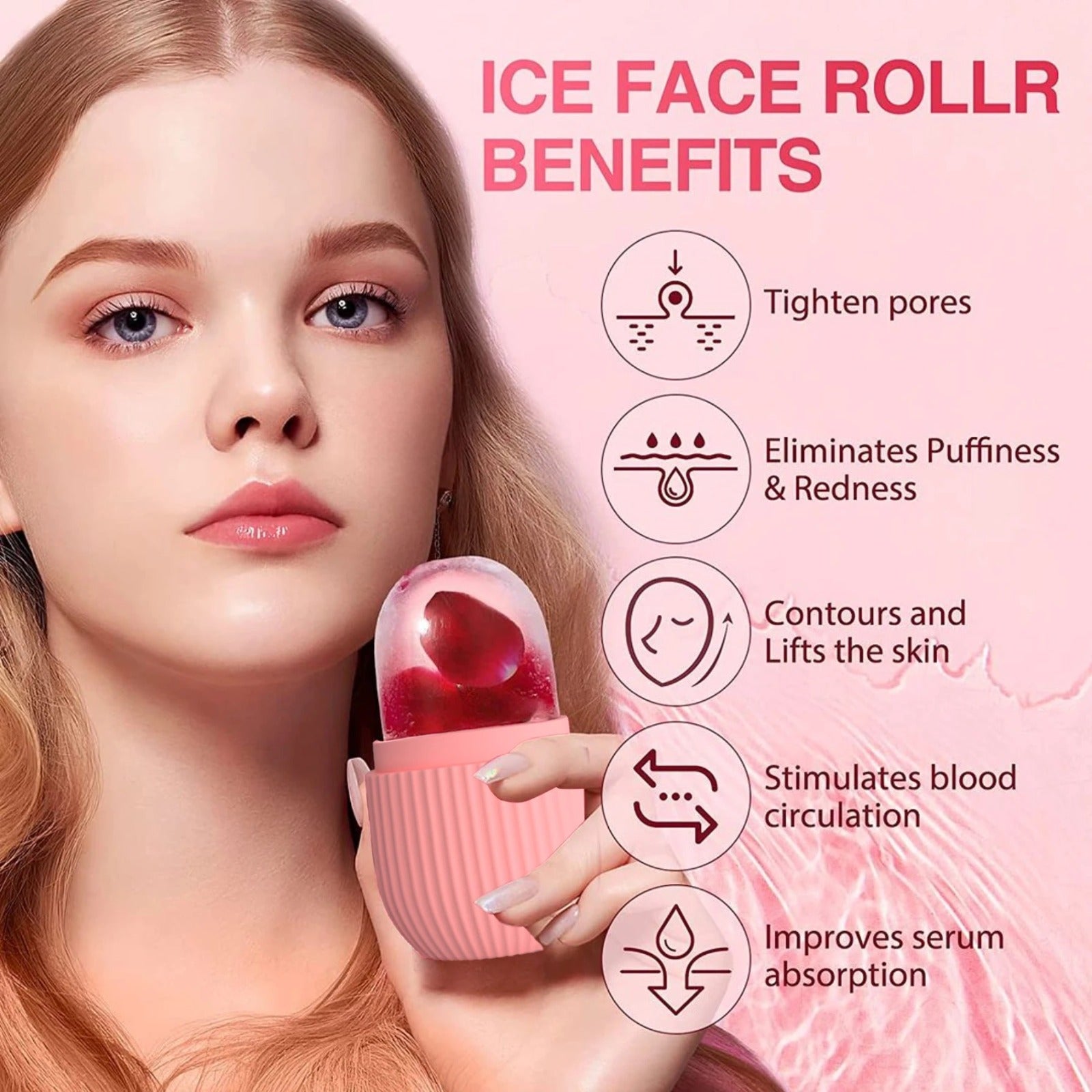 A woman holding the Silicone Ice Roller Massager, highlighting its benefits