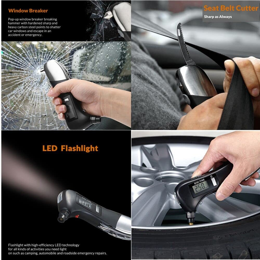 4 images that shows use of 9 in 1 Digital Tire Pressure Gauge