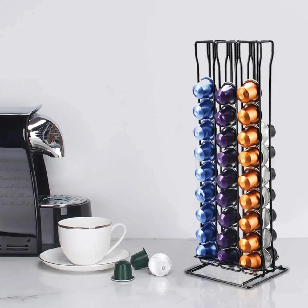 A Coffee Pod Storage Rack Dispenser Is Placed On The Side Of Coffee Maker.