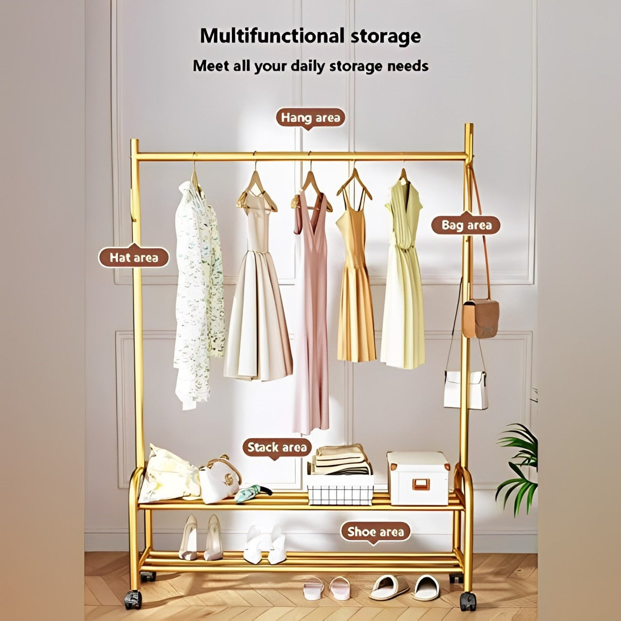 Movable Cloth Display Stand With Clothes and Shoes Are Arranged On it.