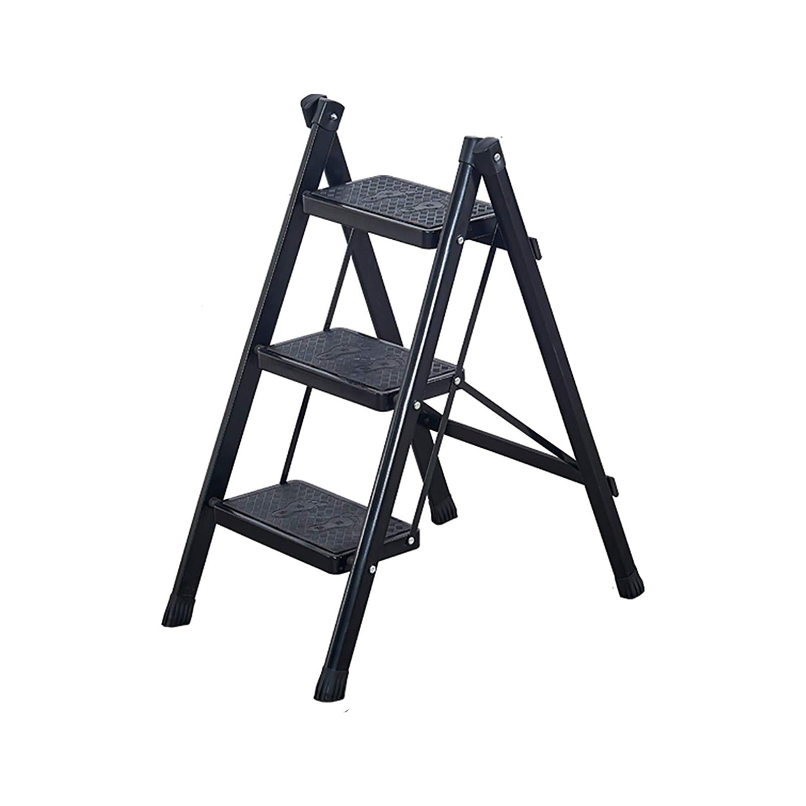 سلم مكوّن من 3 خطوات مع منصات واسعة، رف تخزين قابل للطي، يتحمّل حمولة تصل إلى 150 كيلوغرام