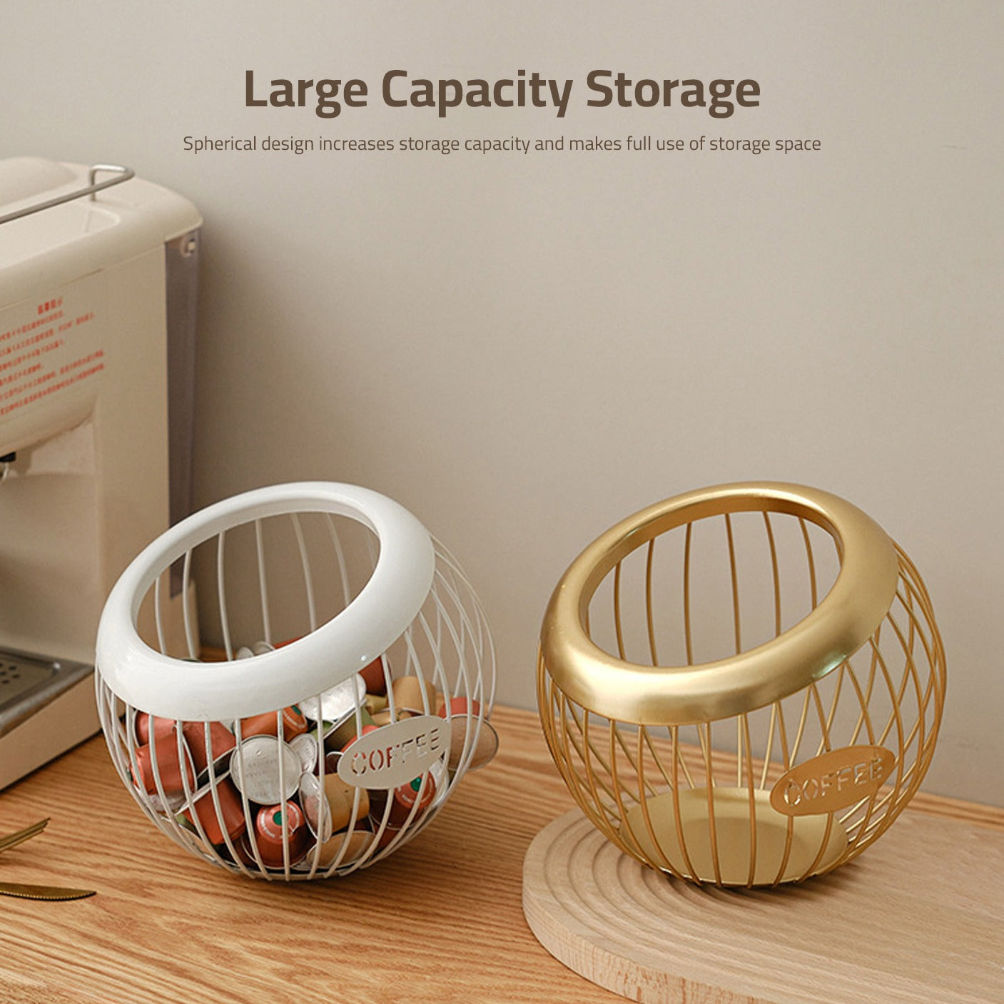 Coffee Pod Holders of Different Colors with Coffee Pods.