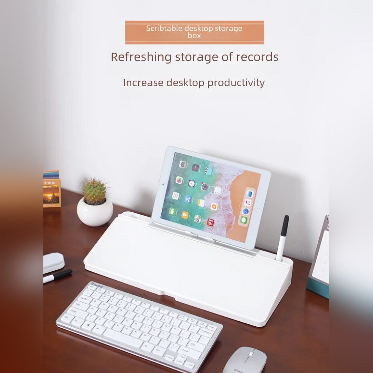 Multifunctional Glass Desktop Box placed on the table next to some items