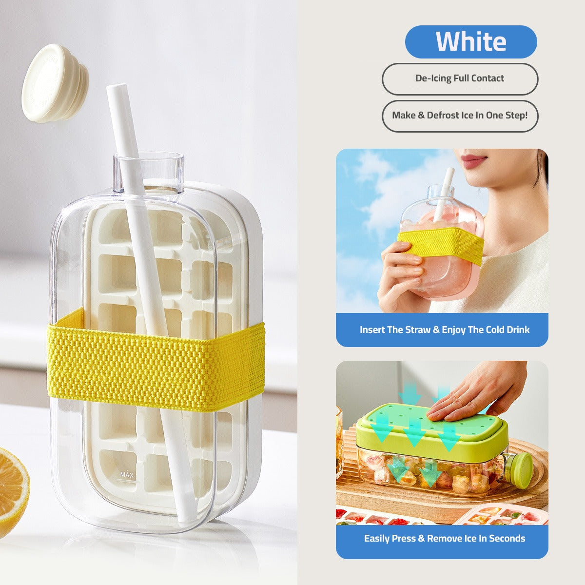 White 2 in 1 Ice Cube Maker Water Bottle.