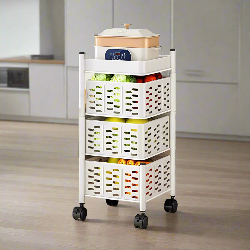 A 3 Tier Rotating Storage Kitchen Rack Shelf with Veggies are Placed at Kitchen Corner.