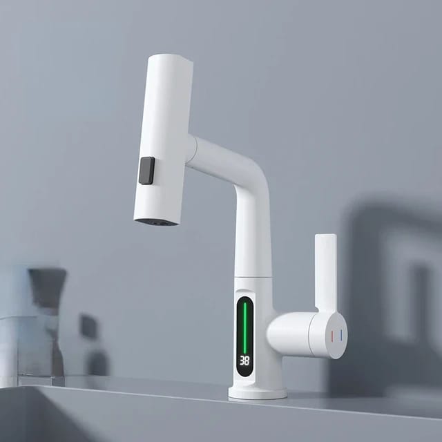 White Digital Display Pull Type Kitchen Faucet.