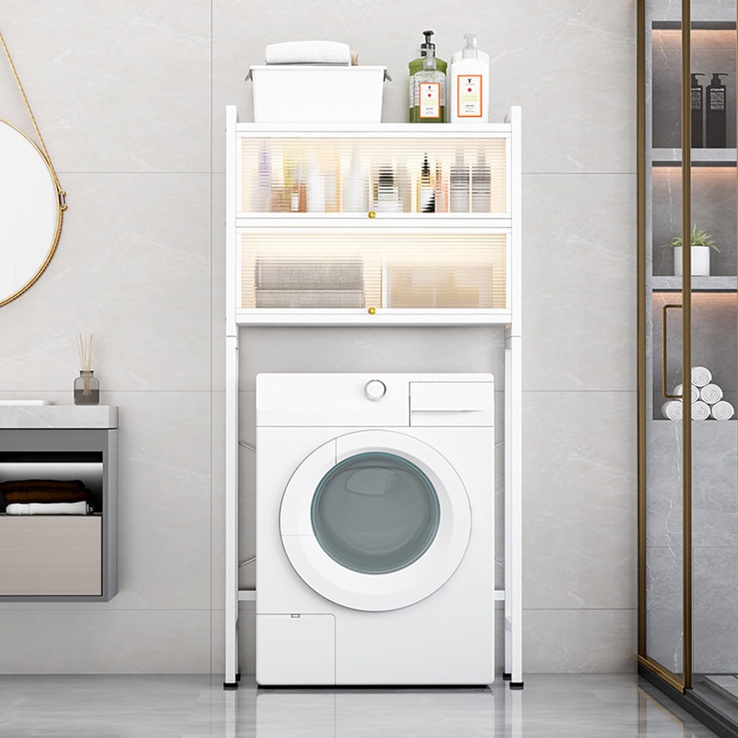 Laundry Room Storage Cabinet Organizer in White Variant.