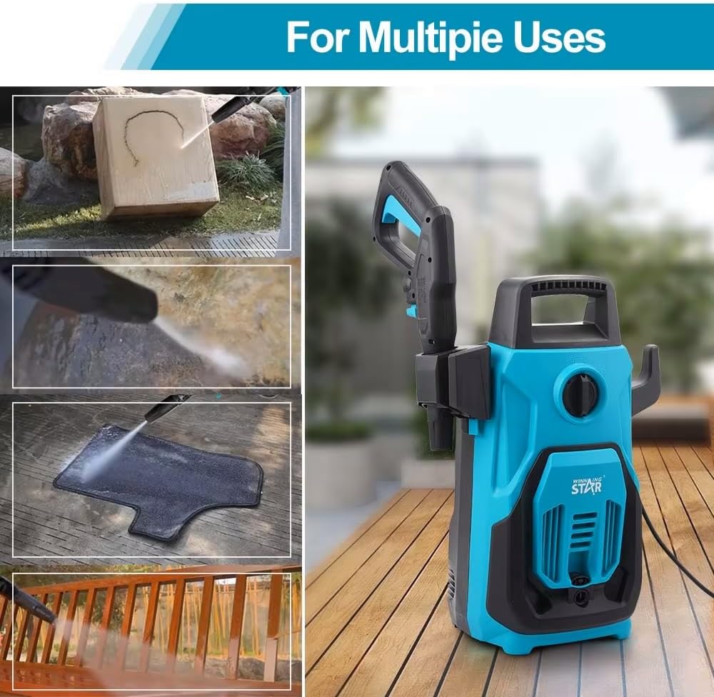 A Winning Star Portable Pressure Washer shown on a wooden deck, with a large inset panel demonstrating multiple cleaning uses such as carving wood, cleaning rocks, washing a mat, and railing. The text 'For Multiple Uses' appears at the top.