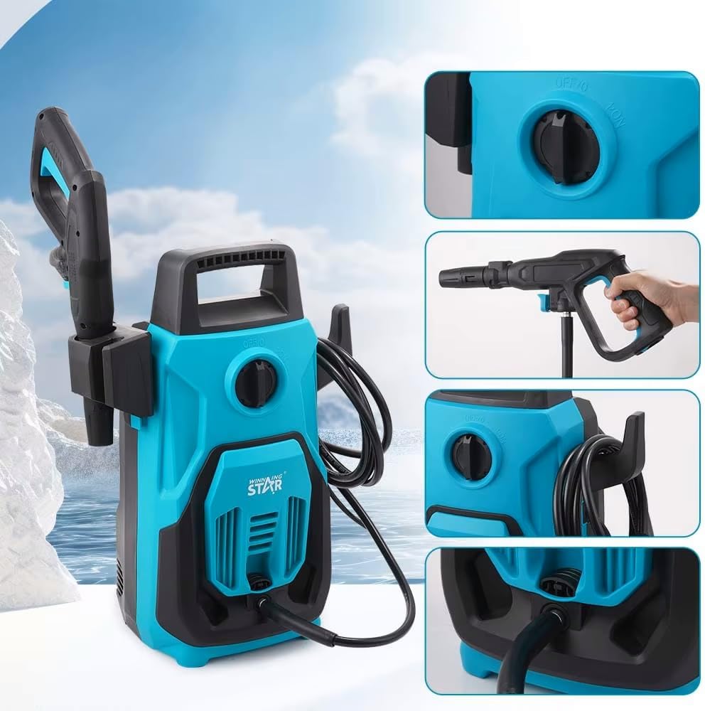 Winning Star Portable Pressure Washer with a hose, shown alongside three detail inset images highlighting the spray nozzle, dial control, and hose storage on a light blue background.