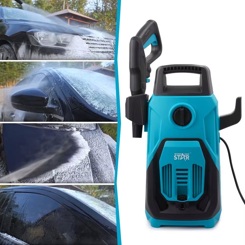Winning Star Portable Pressure Washer with images of a car being washed.