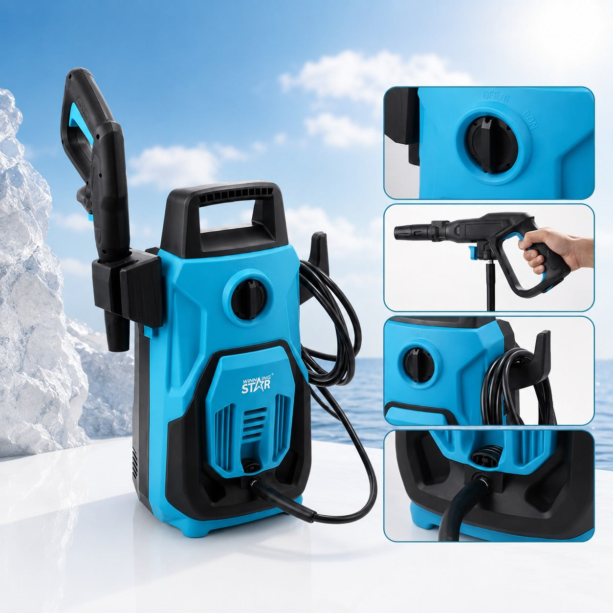 Winning Star Portable Pressure Washer with a black hose, shown with three detail inset panels highlighting the water tank, spray nozzle, and hose connection. The background is a stylized outdoor scene with a blue sky and water.