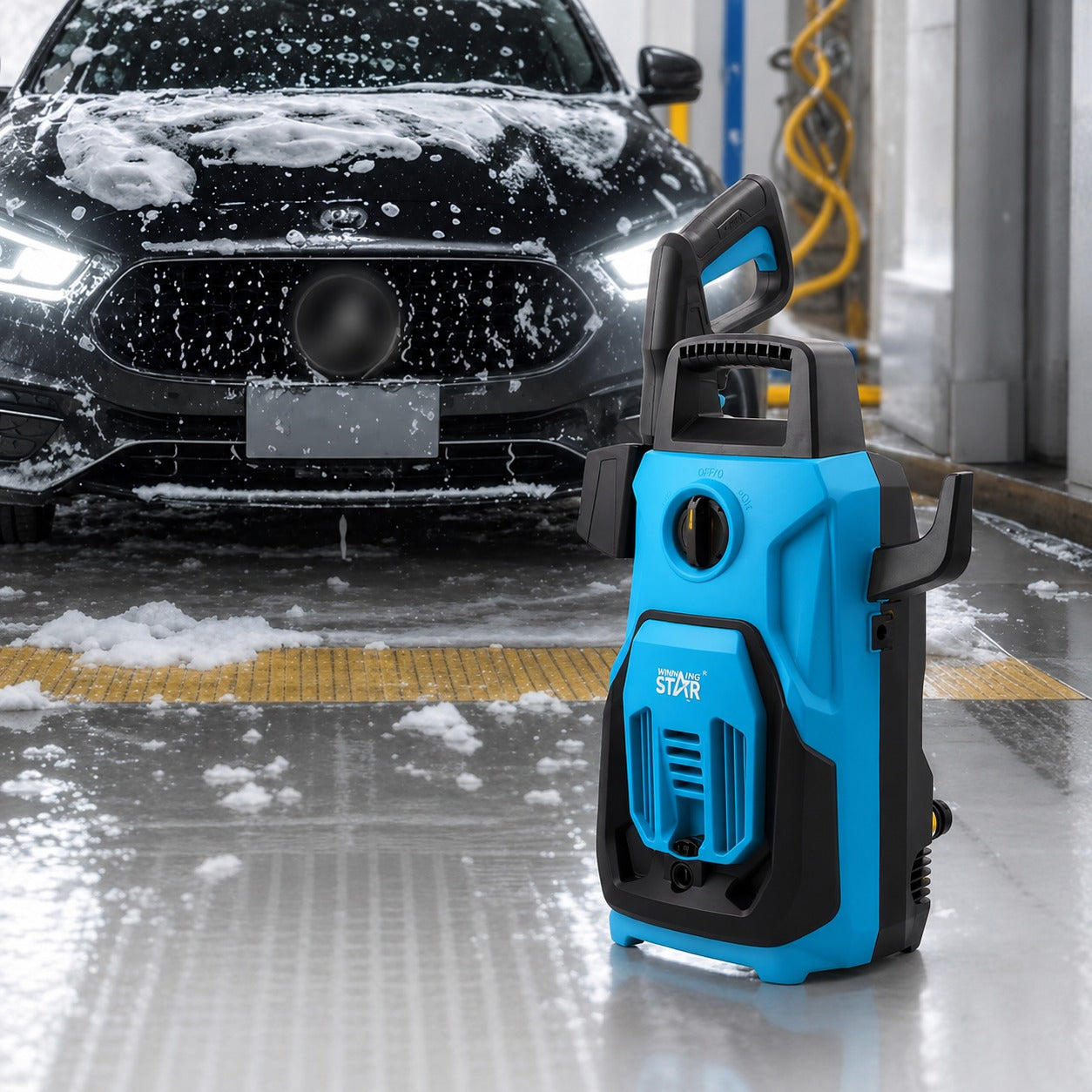 A Winning Star Portable Pressure Washer in the foreground, with a soapy black car washed in a car wash bay in the background.